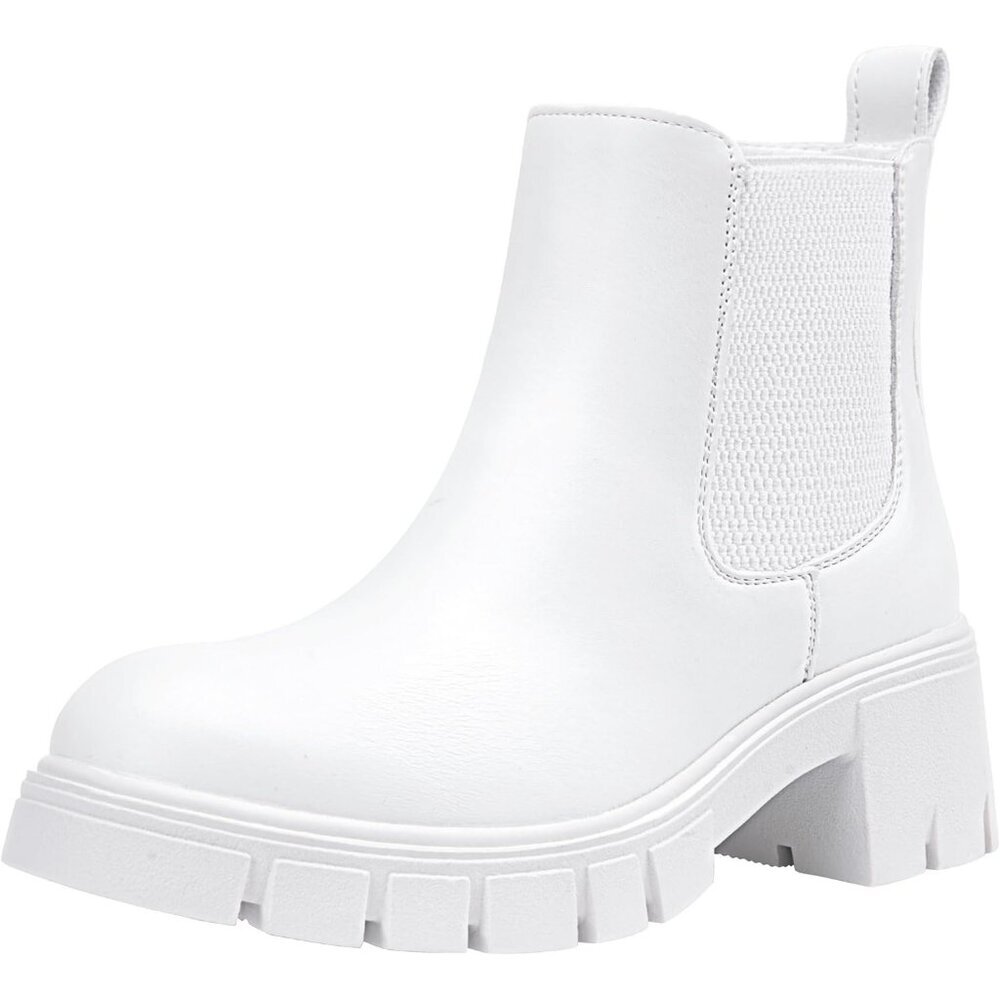 Vepose Women's White Faux Chelsea Leather Lug Sole Elastic Slip on Ankle Booties